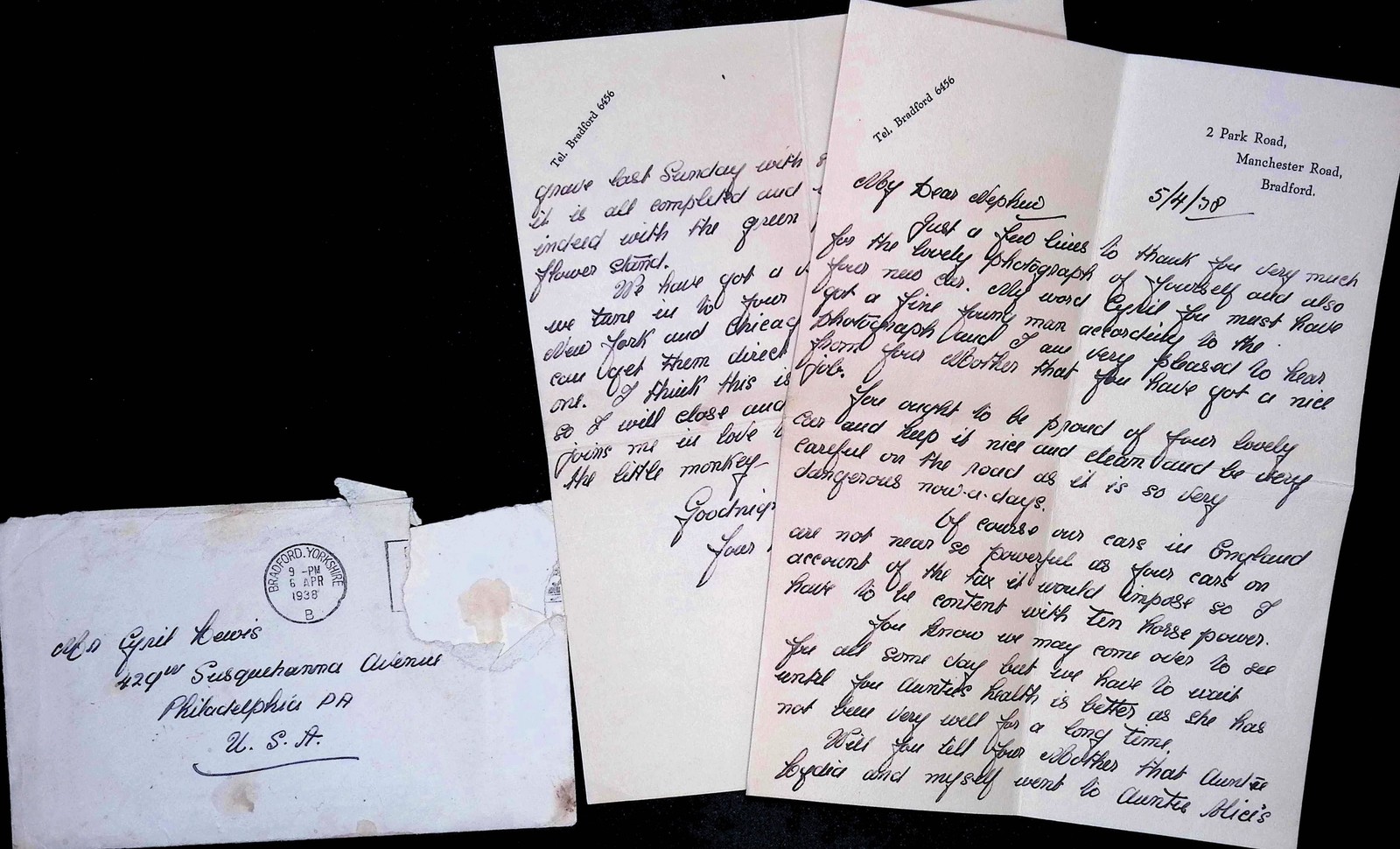 1938 Bradford Yorkshire to Philadelphia Transatlantic Letter w/ Envelope