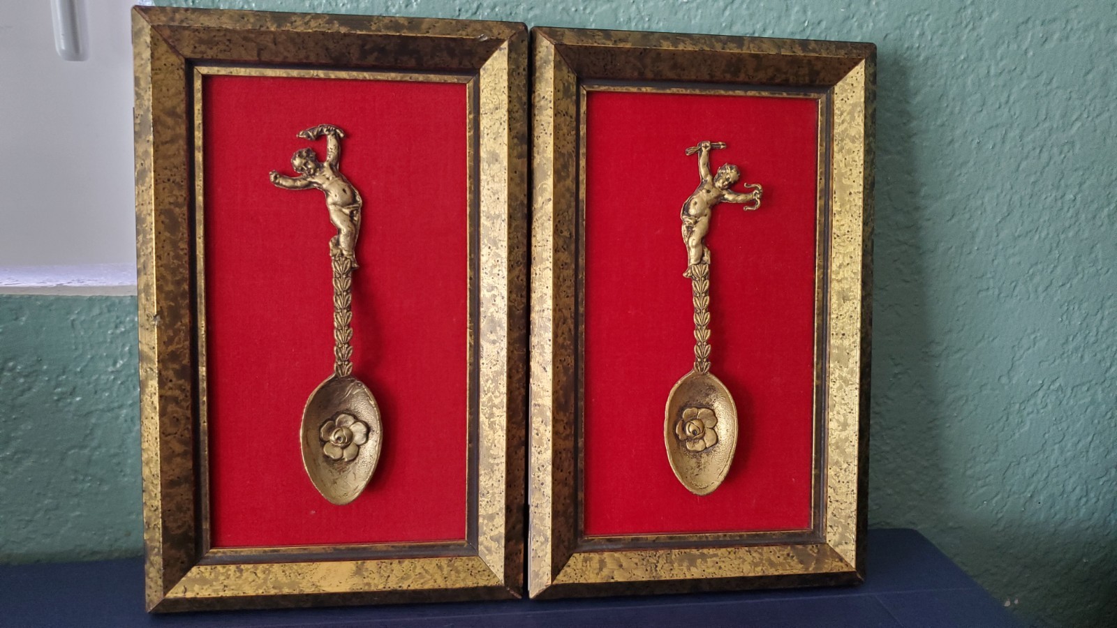 VTG MC Plated Antiqued Metal Cherub Spoons Framed Artsy USA Clifford Art Studio VTG MC Plated Antiqued Metal Cherub Spoons Framed Artsy USA Clifford Art Studio