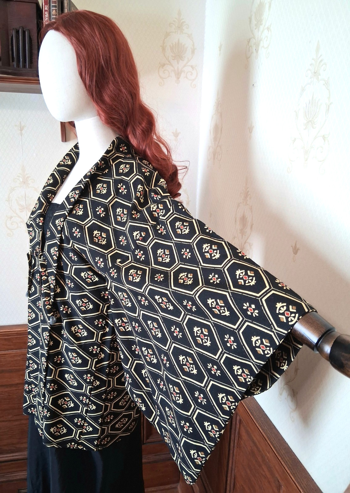 Vtg 1960s-80s Japanese Black Tortoiseshell Boho Festival Haori Jacket Kimono 