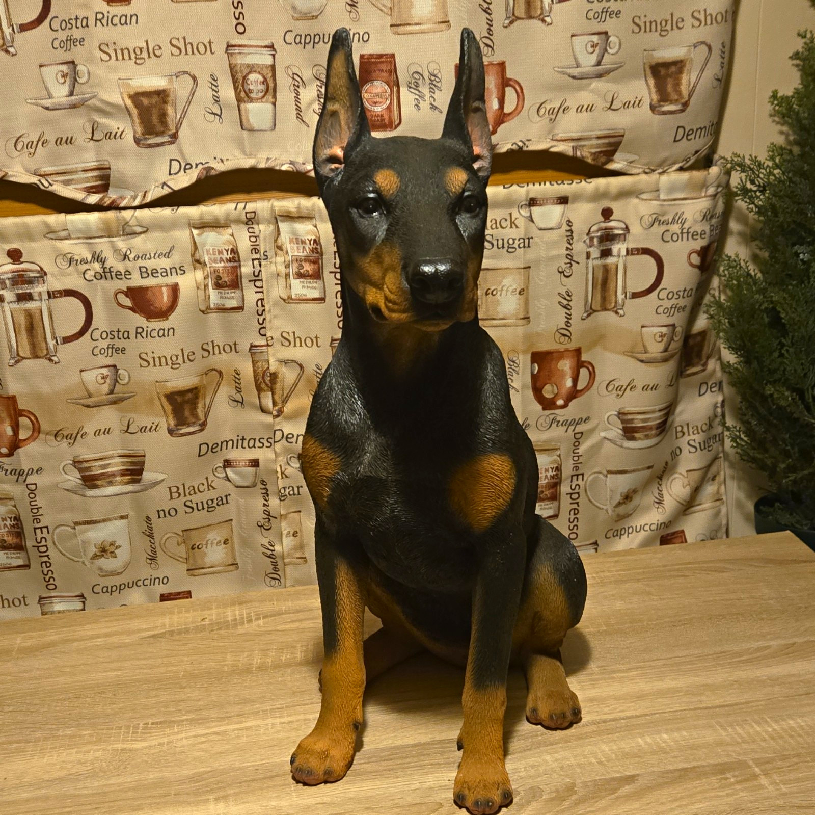 Black & Tan Doberman Pinscher Sitting Dog Figurine, Painted Resin Statue