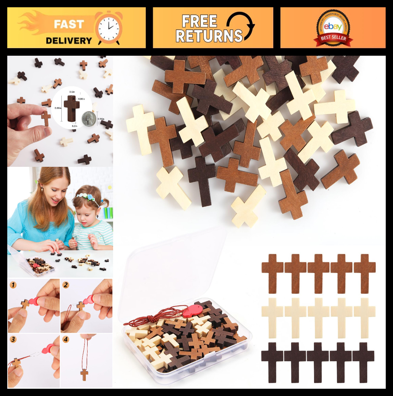 50/120/200 PCS Small Wooden Crosses - Natural Prayer Pendants, DIY Craft Charms,