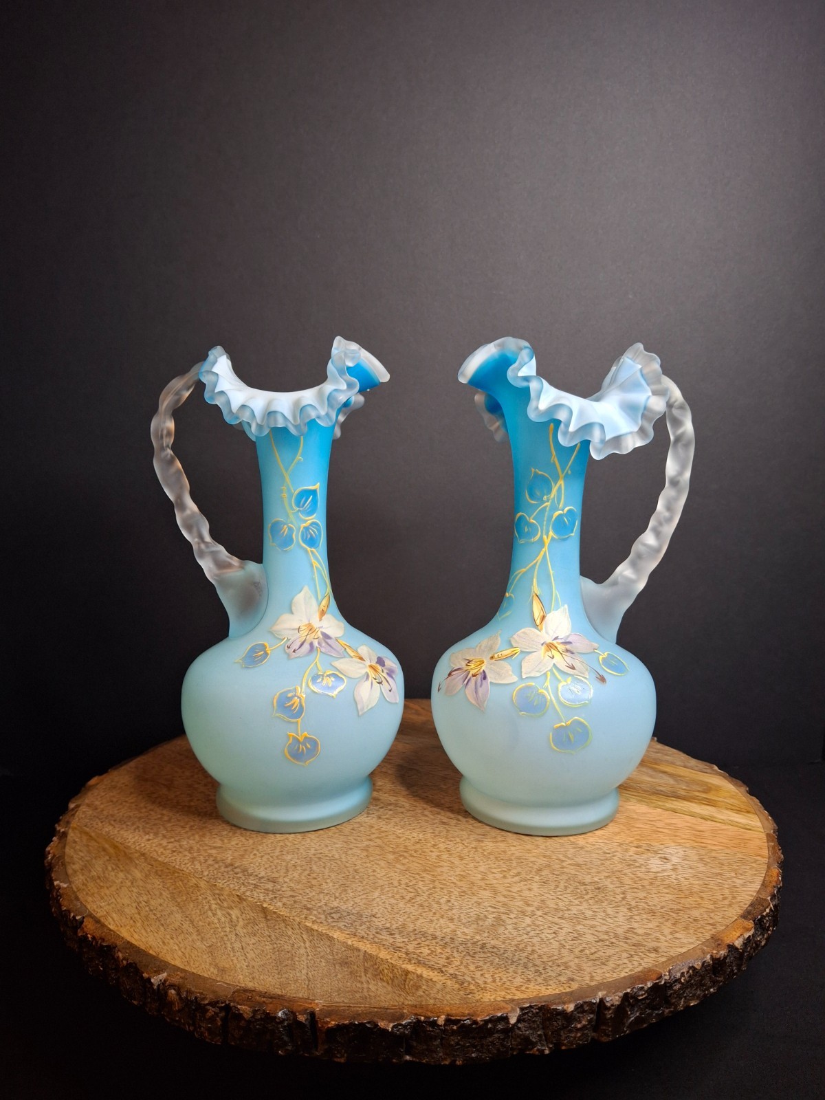 Antique Pair Victorian Blue Satin Cased Glass Pitcher Ewers Hand Painted Orchids