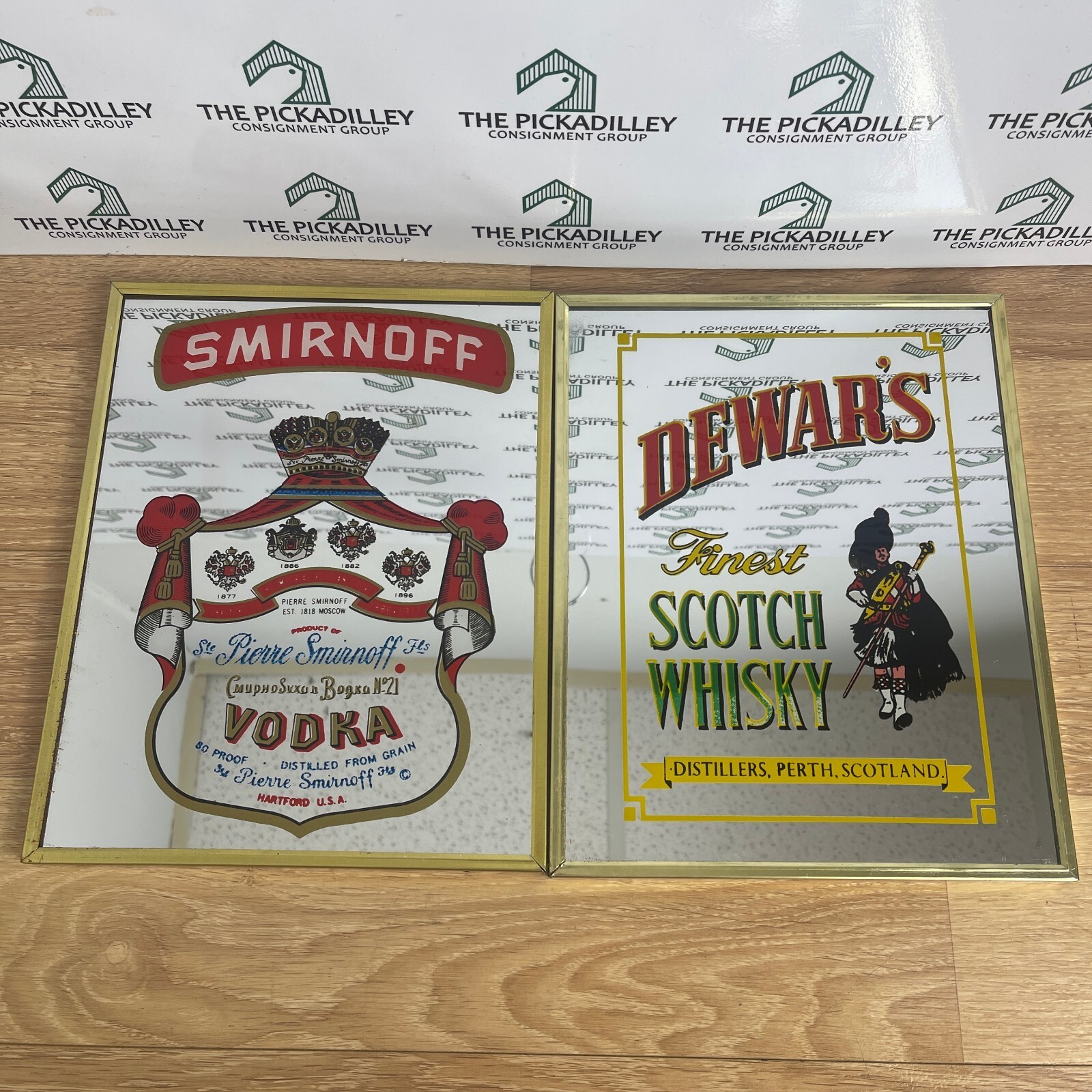 Vintage Framed Advertising Bar Mirror Set Smirnoff Vodka and Dewar's Whiskey