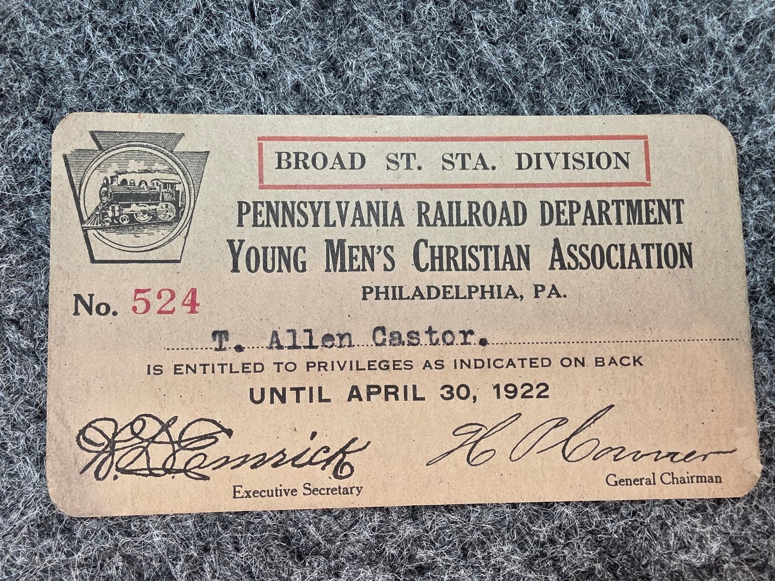 1922 Pennsylvania Railroad YMCA Broad St. Station Division Membership Card 1922 Pennsylvania Railroad YMCA Broad St. Station Division Membership Card