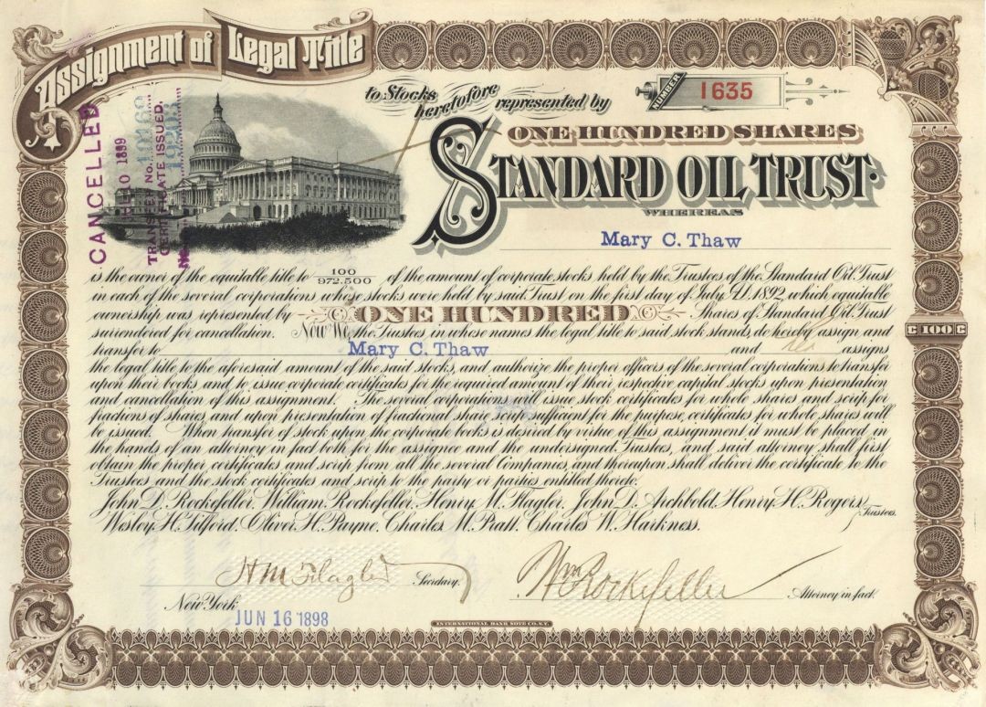 Standard Oil Trust Stock Certificate signed by William Rockefeller and Henry F Standard Oil Trust Stock Certificate signed by William Rockefeller and Henry F