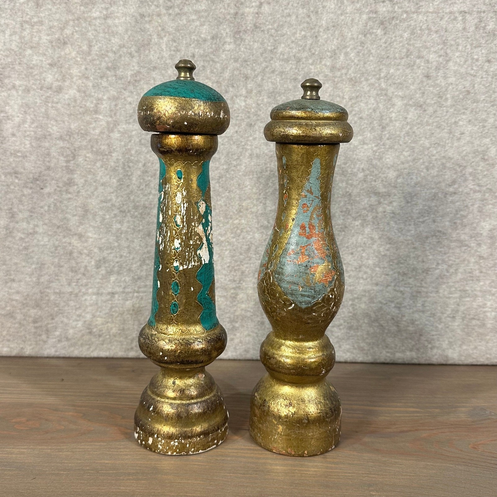 Vintage Set, Two Italian M.F. Florentine Painted Gilt Wood Pepper Mill Shakers