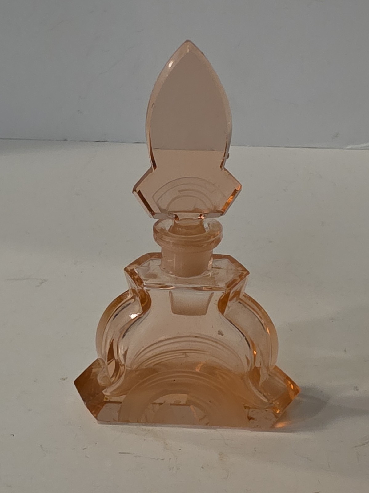 Czech Cut Art Deco Glass Perfume Bottle Depression Pink Stopper 5”  Etched READ