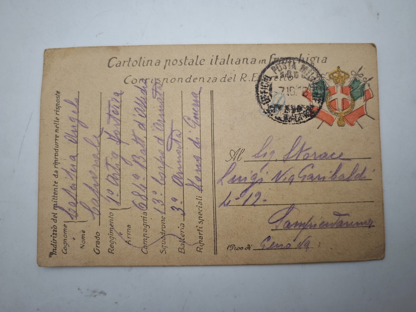 Postcard Franchise Royal Army WWI 1916 Military Post 71 Campomorone Genoa