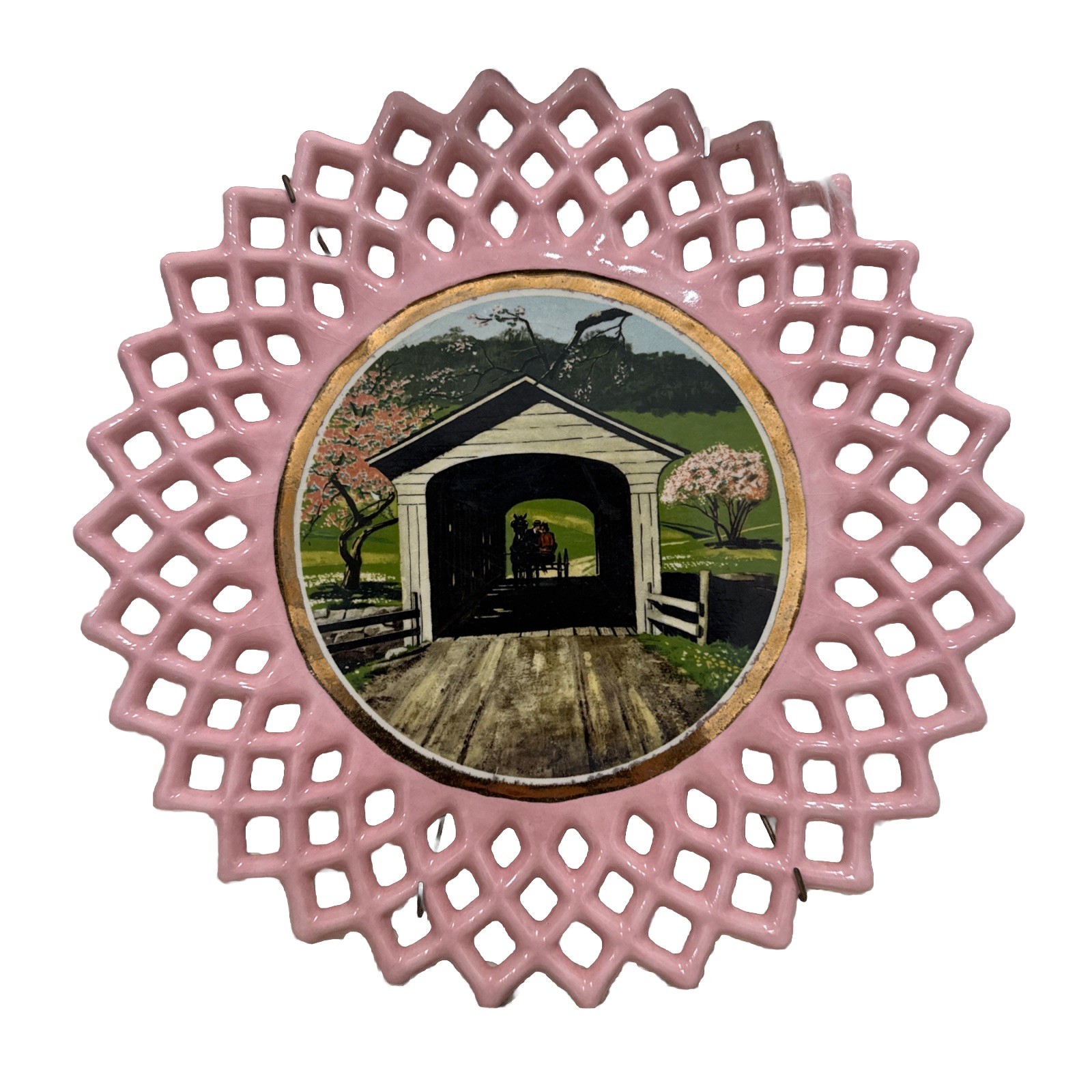 VTG SCALLOPED EDGE Pink Black covered bridge couple De Willis PLATE 9.5”