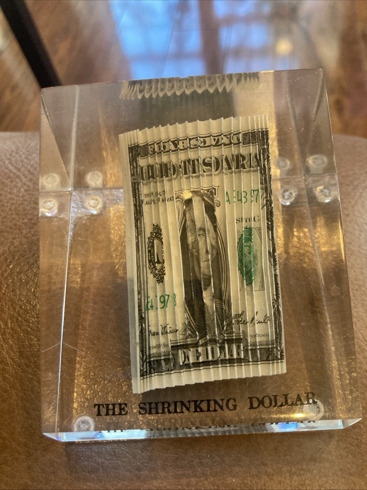 Vintage The Shrinking Dollar Bill Encased in Lucite Paperweight 
