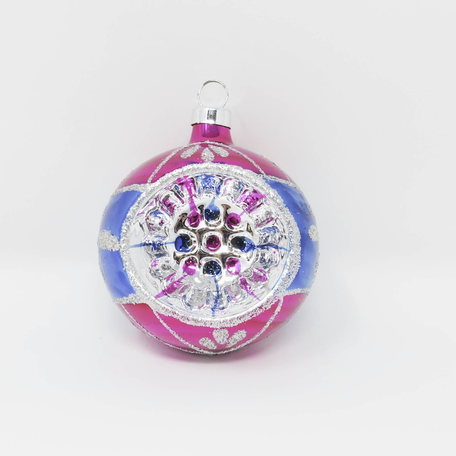 Vintage Pink & Blue Hand Blown Glass Indent Christmas Ornament ~ 2-1/2\