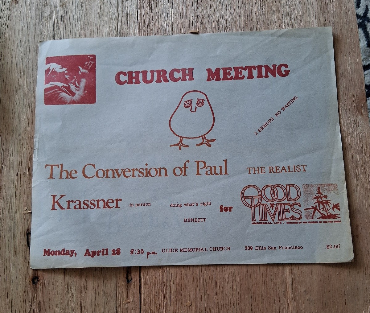 PAUL KRASSNER Church Meeting/Good Times 4/28/1967 flyer San Francisco REALIST