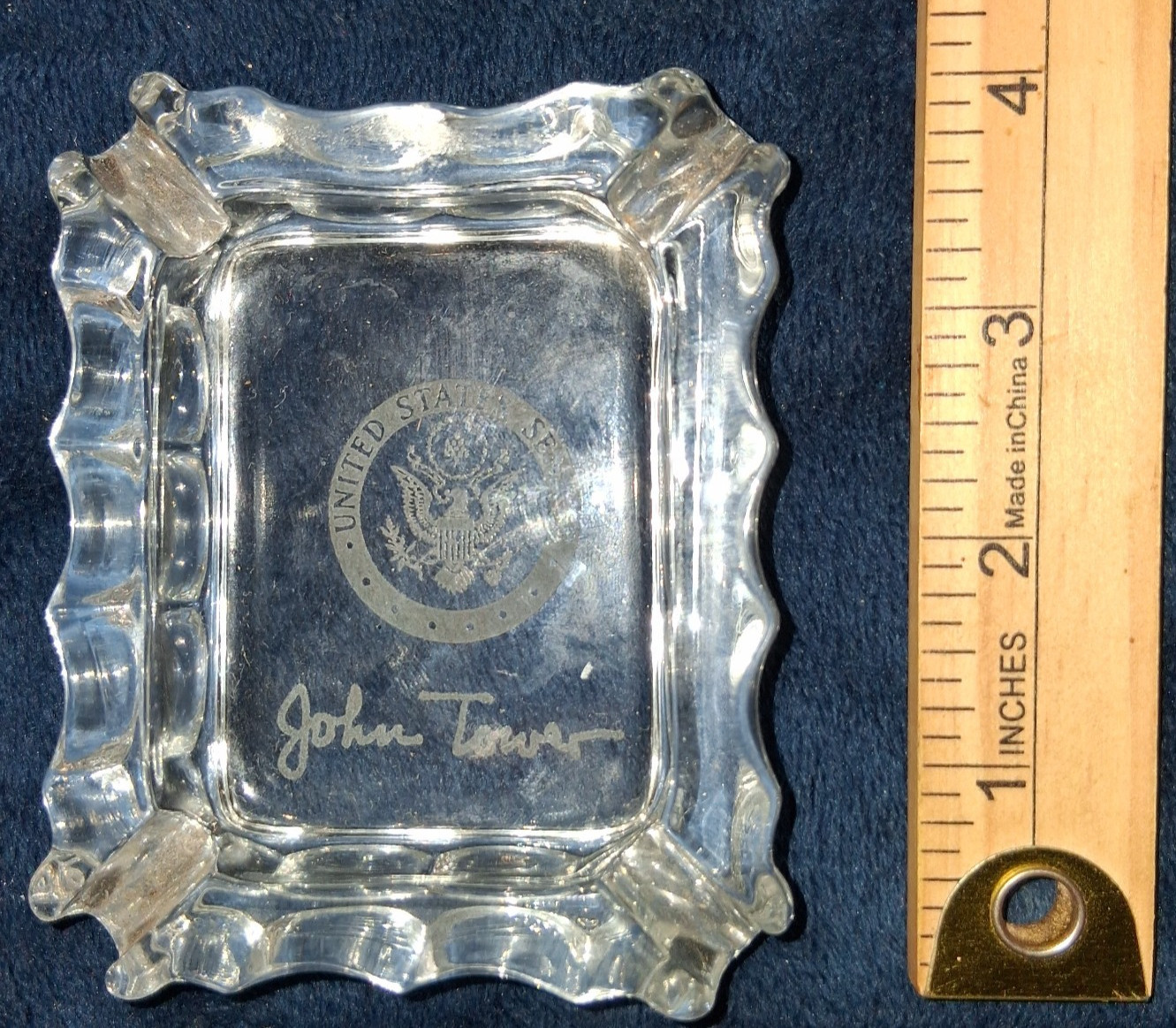 Vtg US Senate Senator John Tower Clear Glass Ashtray Texas Political Souvenir