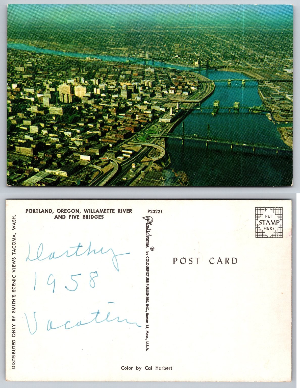 Vintage 1958 Portland Oregon Willamette River Five Bridges Aerial View Postcard