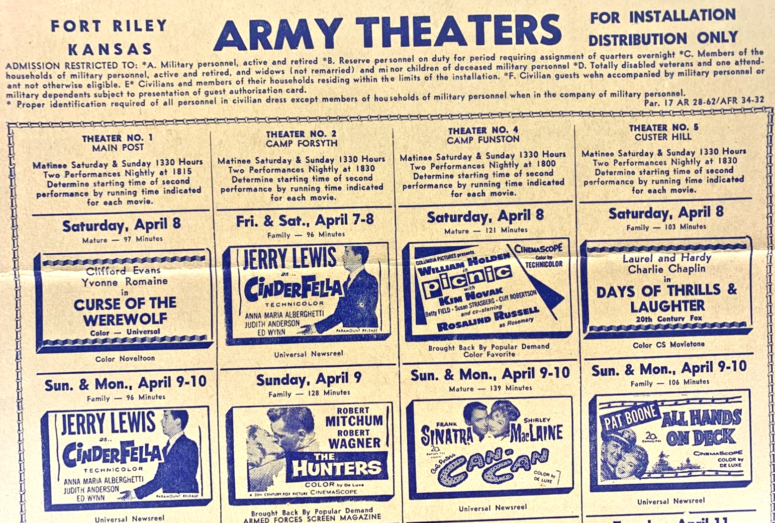 C1960's - Fort Riley Kansas Army Theaters Showtime Display Advertisement - B2