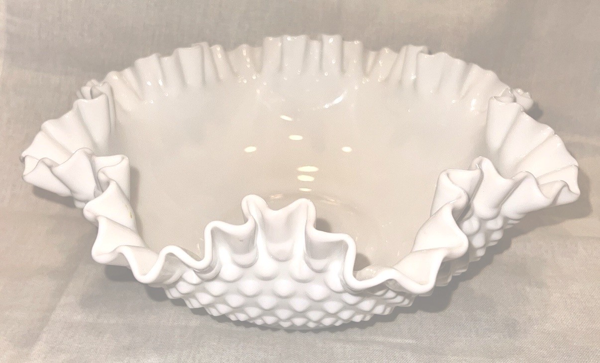 Fenton White Milk Glass Hobnail Bowl 11 Double Crimped Ruffled Centerpiece Dish