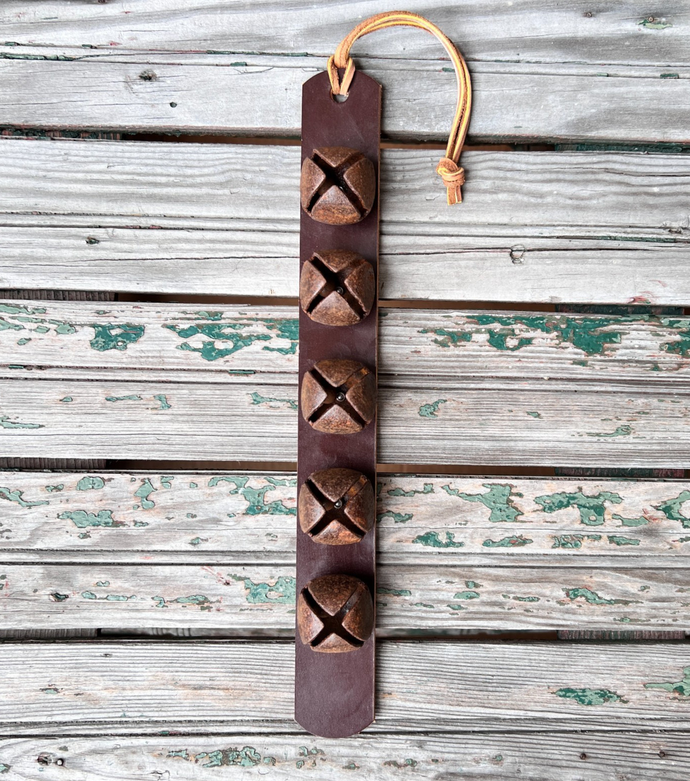 Rustic Sleigh Bells Farmhouse Decor Genuine Leather 5 Bell Door Hanger Strap