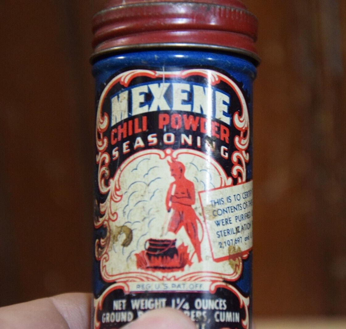 MEXENE CHILI POWDER EMPTY TIN VINTAGE 1930\'s LITHO SIGN DEVIL DIABLO HOME DECOR
