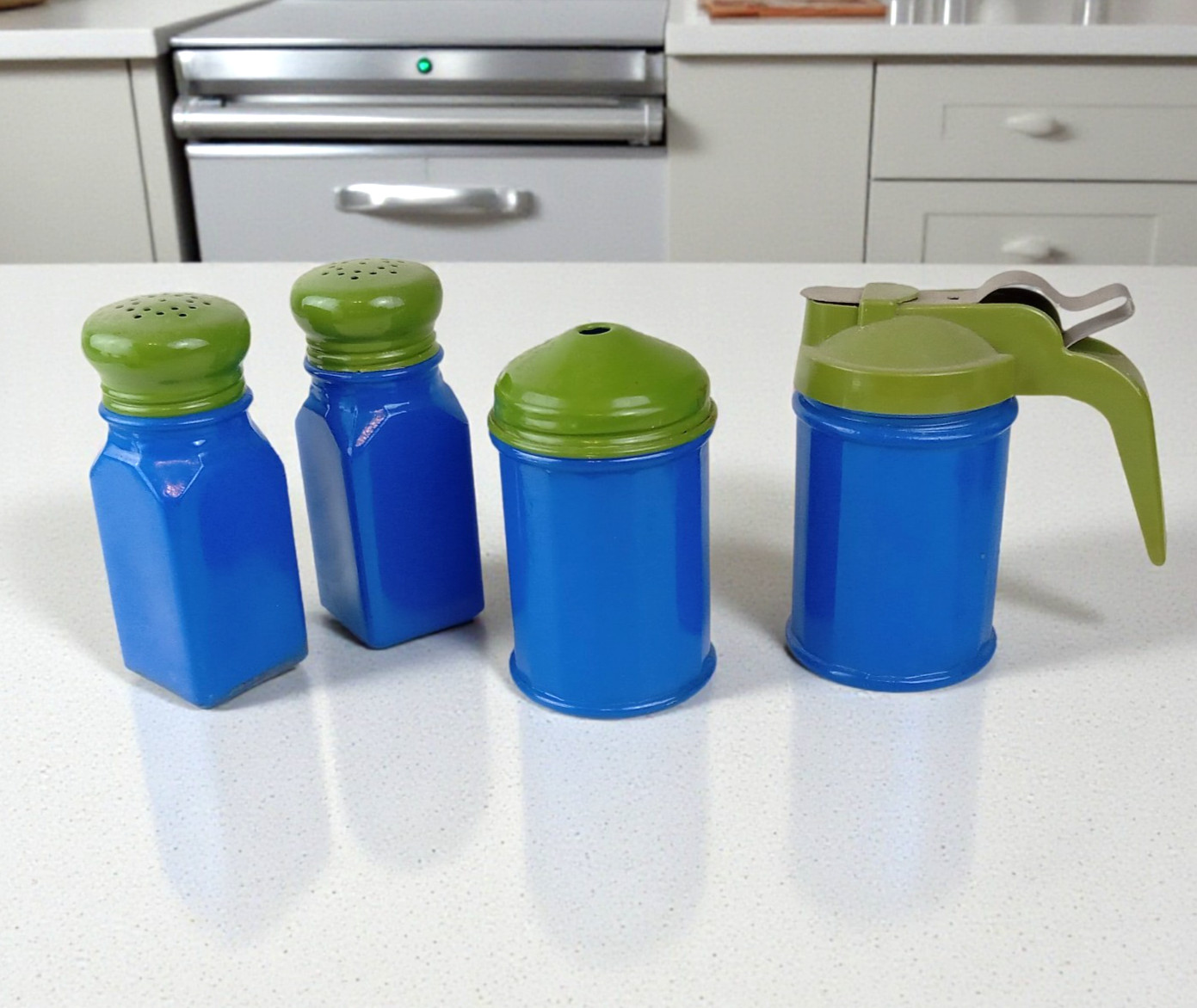 Vintage GEMCO Blue Green Glass Salt Pepper Shakers Sugar and Syrup Dispenser