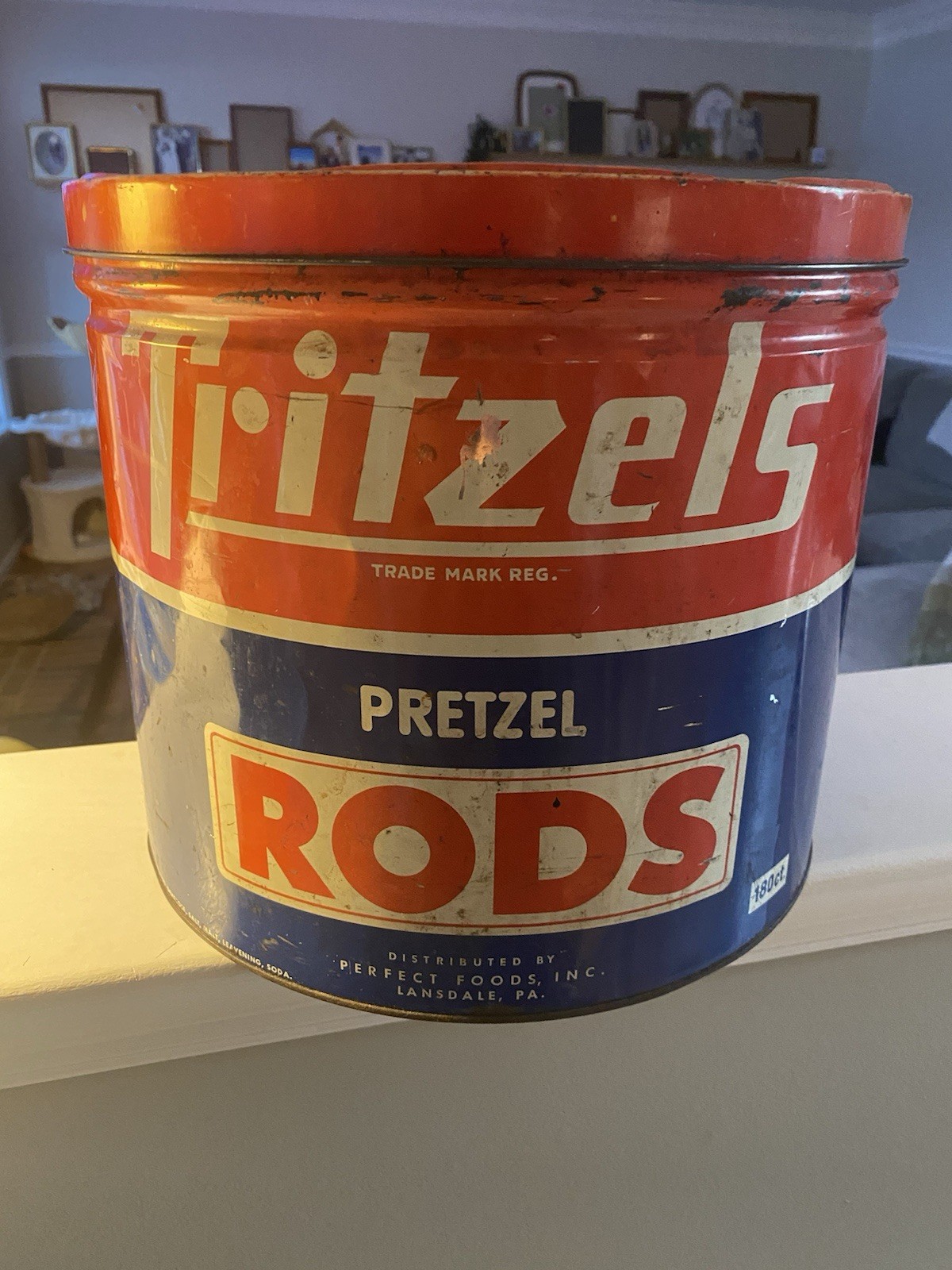 Tritzels Reisman\'s Pretzel Rods Advertising Tin, Red Blue White Collectible