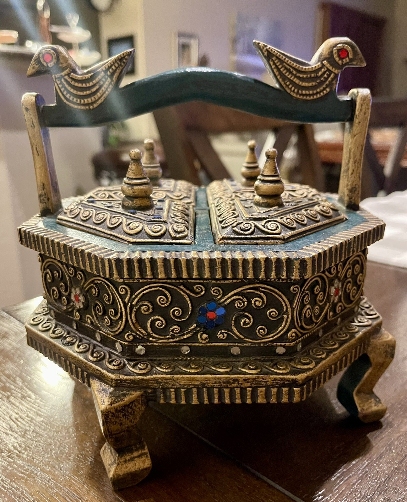 Thailand Balinese Handcrafted Royalty Twin Bird Wooden Spice Trinket Jewelry Box