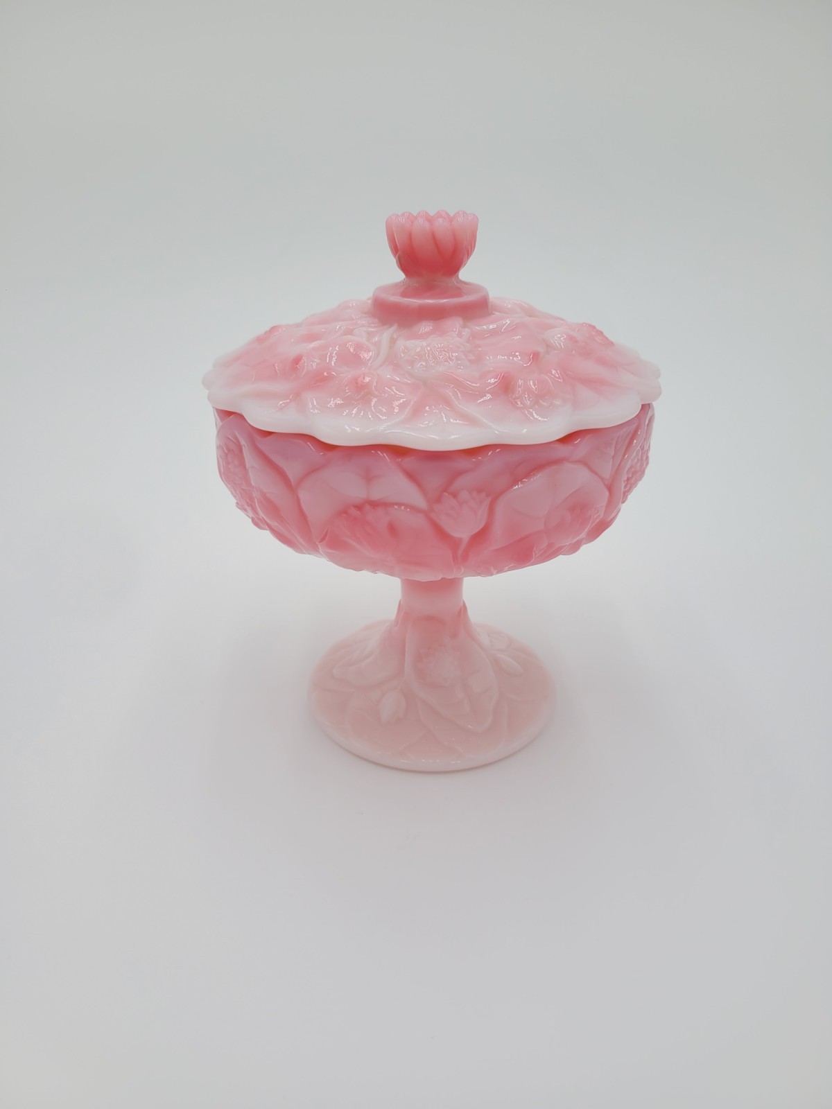 Vintage Fenton pink Rosaline glass Water Lily pedestal covered dish