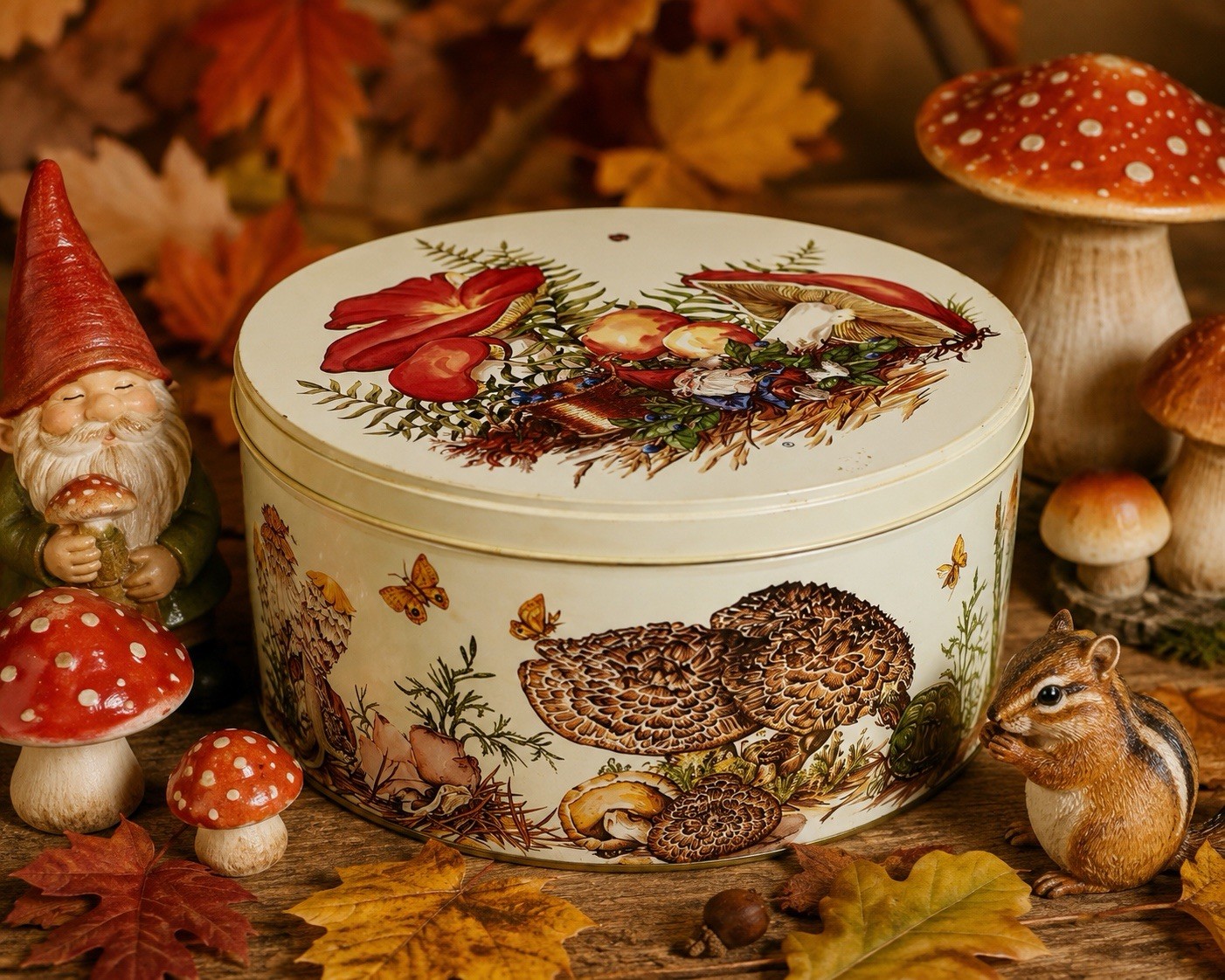 VTG 1981 Tom Sturgis Forest Friends Mushroom Tin Fall Decor Woodland Gnome