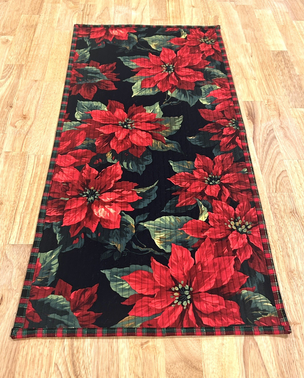 Handmade 15.5x32” Quilted Poinsettias Table Runner with Green Backing 