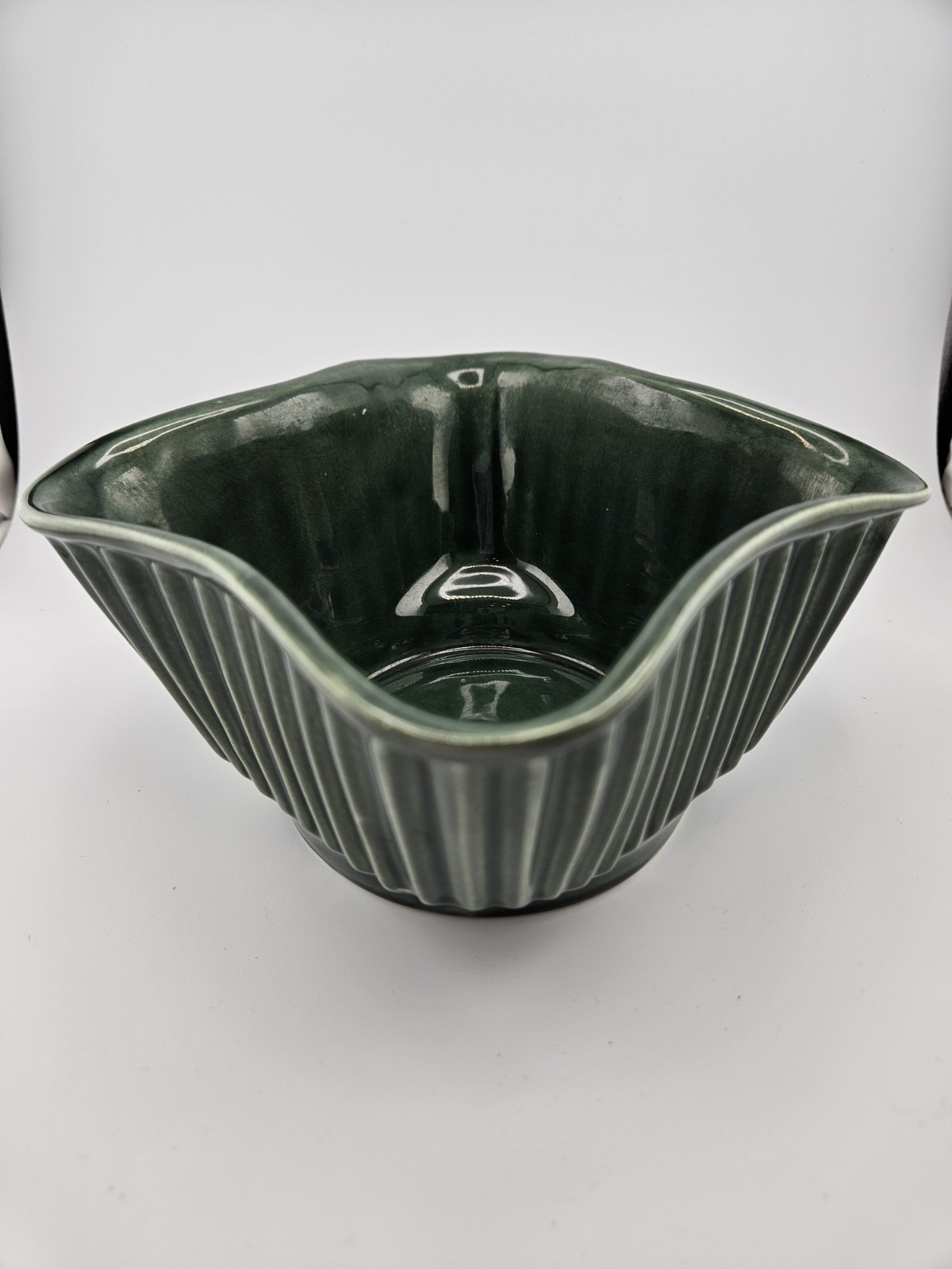 Vtg Green Ribbed Pottery Bowl USA 4001 MCM Planter Dish