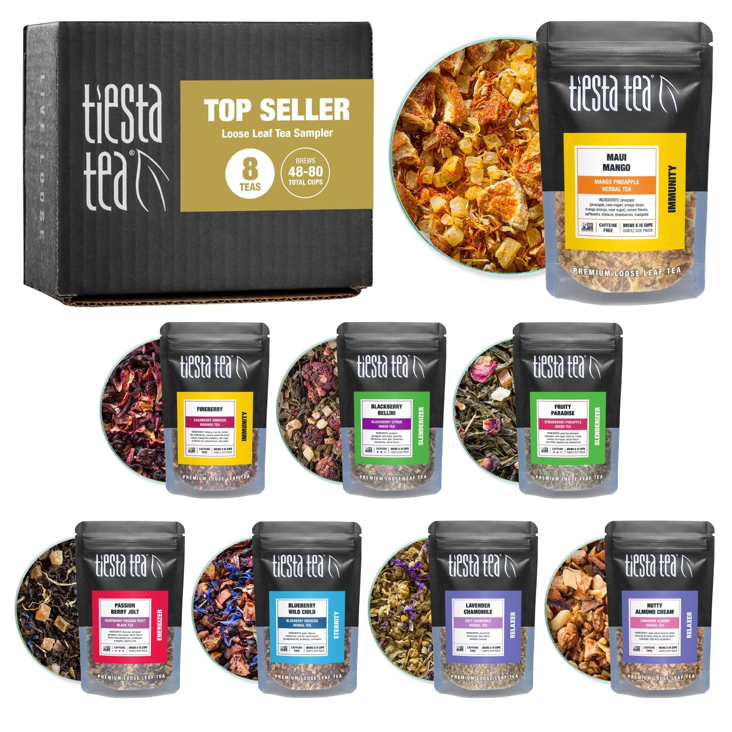 Tiesta Tea Sampler Set | 8 Pouches | Loose Leaf | Up to 80 Cups | Variety Pack