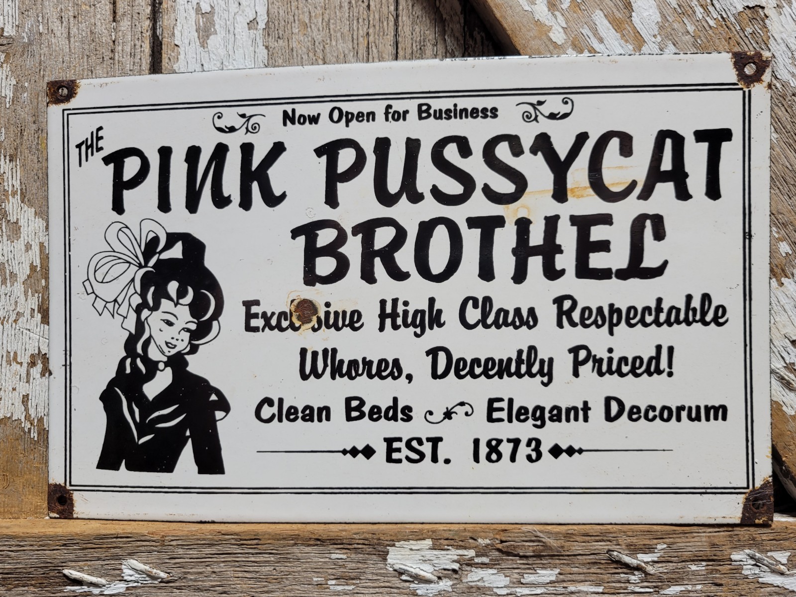 VINTAGE BROTHEL PORCELAIN SIGN OLD PINK PUSSYCAT GENTELMANS CLUB BAR SPEAKEASY