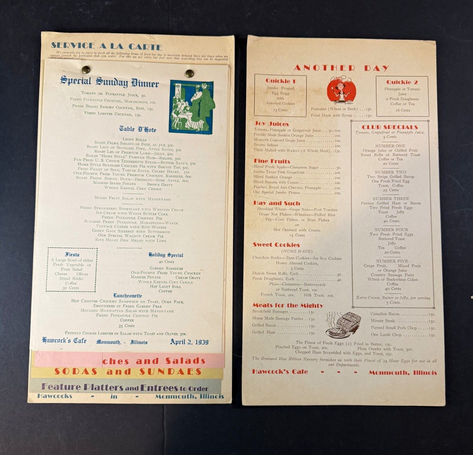 Vtg Hawcock’s Cafe Monmouth Illinois Menus Special Sunday Dinner April 2 1939