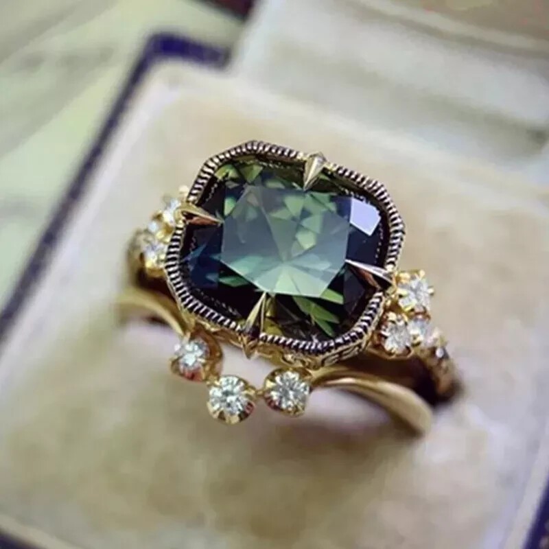 Art Deco Lab-Created Diamond Emerald Anniversary Ring 14K Yellow Gold Plated