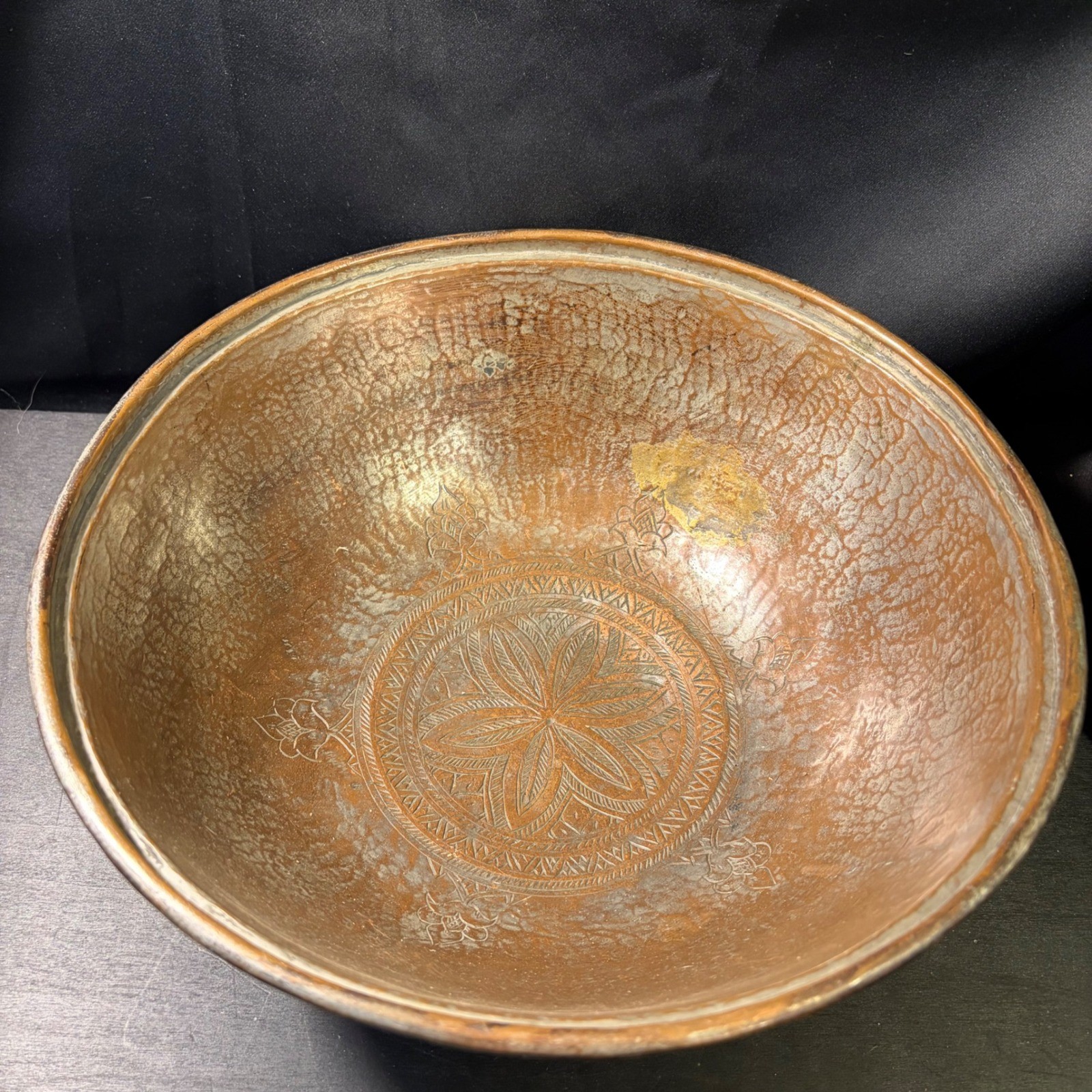 Antique Persian Hand Engraved Tinned Copper Footed Bowl Floral Etched 9.5