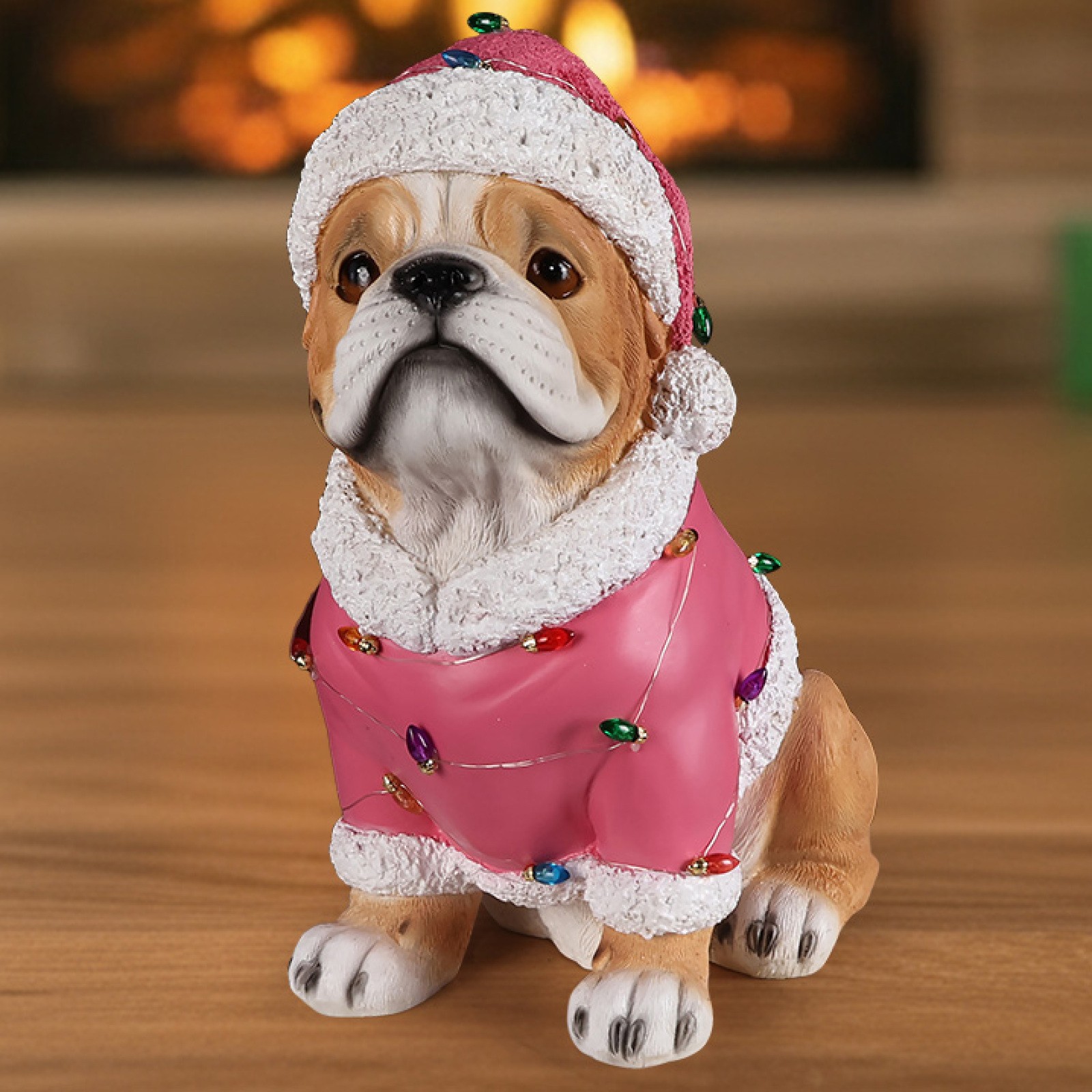 Christmas Pug Statue in Pink Santa Outfit, Holiday Dog Figurine