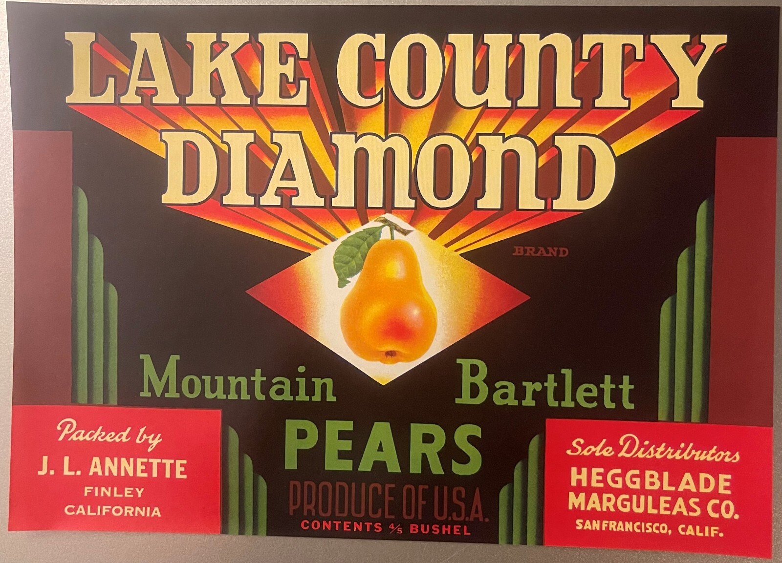 Antique 1940s Lake County Diamond Crate Label San Francisco, CA