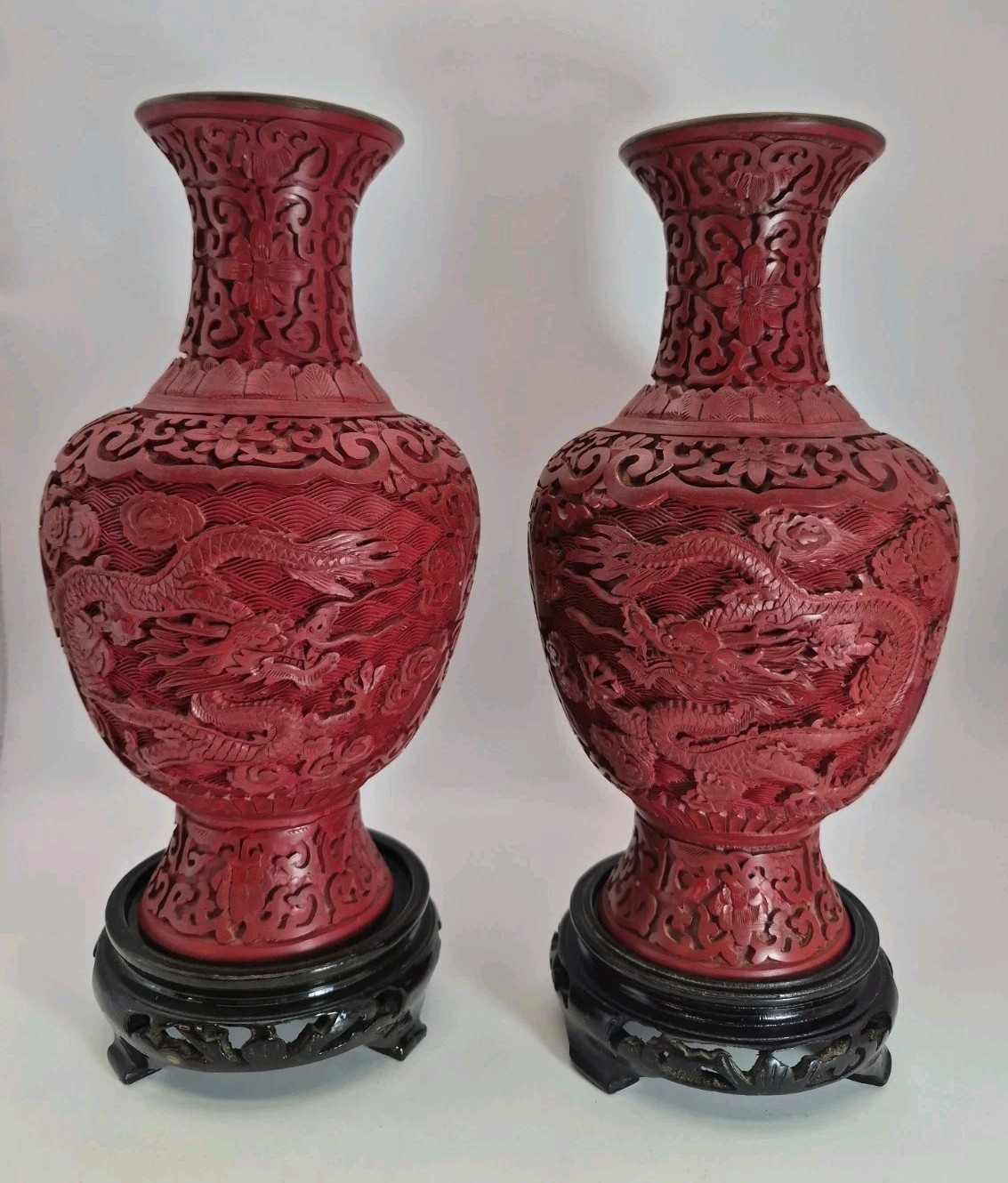 Pair Vintage Chinese Red Carved Dragon Floral Cinnabar Lacquer Vases 8\