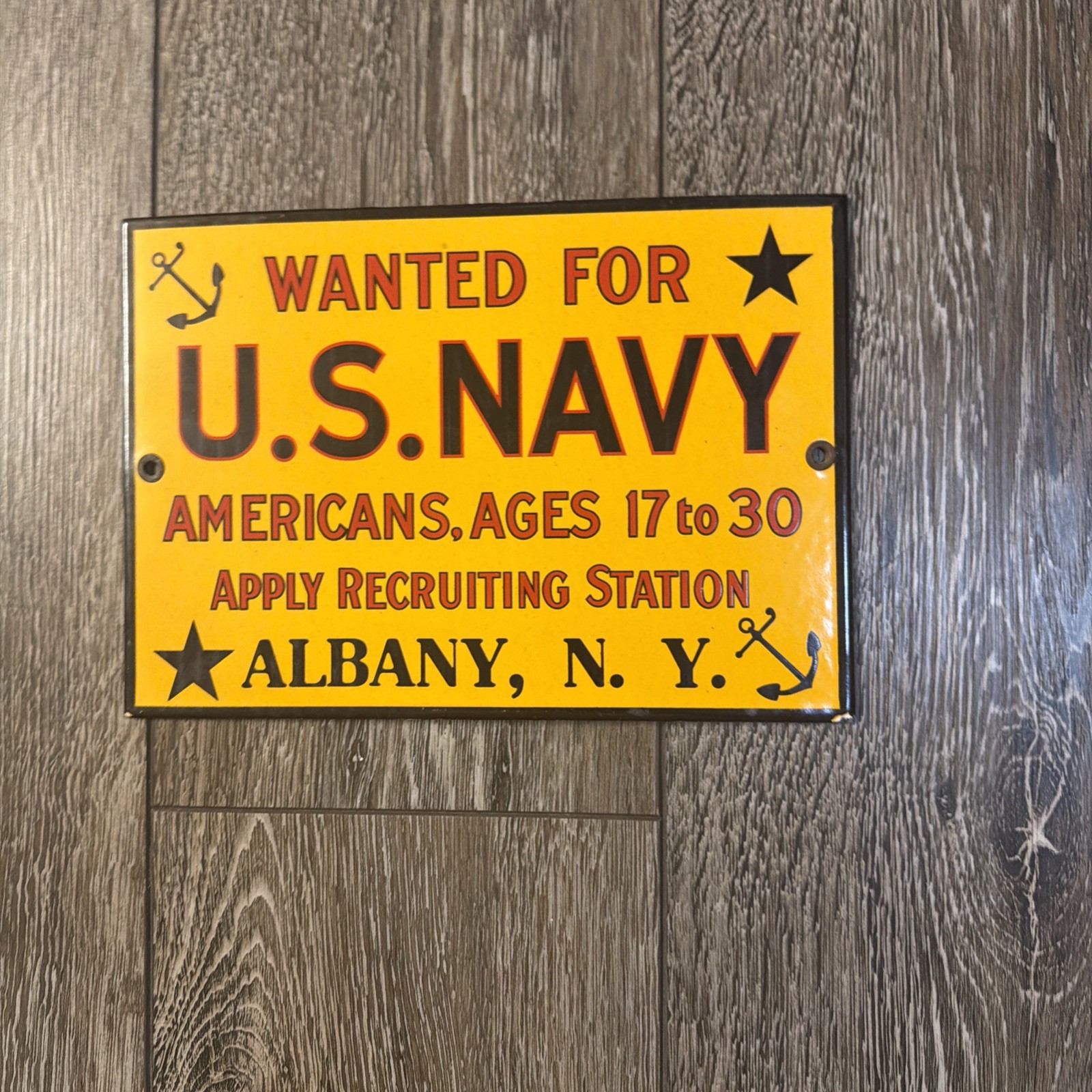WANTED US NAVY APPLY RECRUITTING STATION ALBANY NY WW1 PORCELAIN METAL SIGN GAS 
