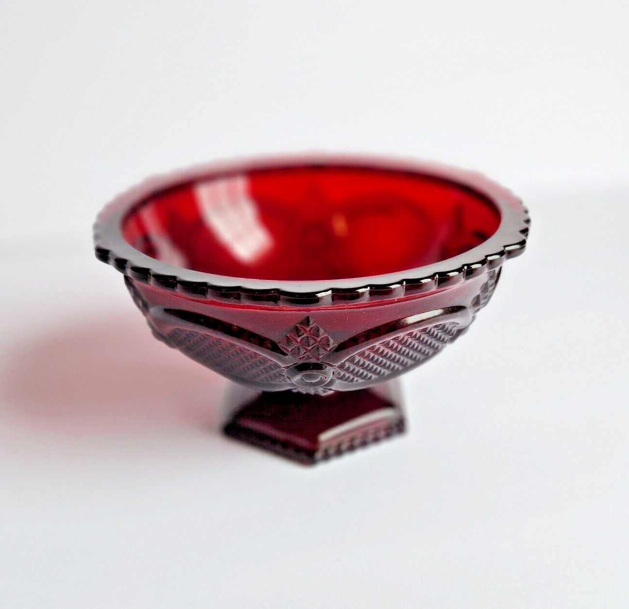 Avon Ruby Red Glass 1876 Cape Cod Pedestal Candy Dish Bowl