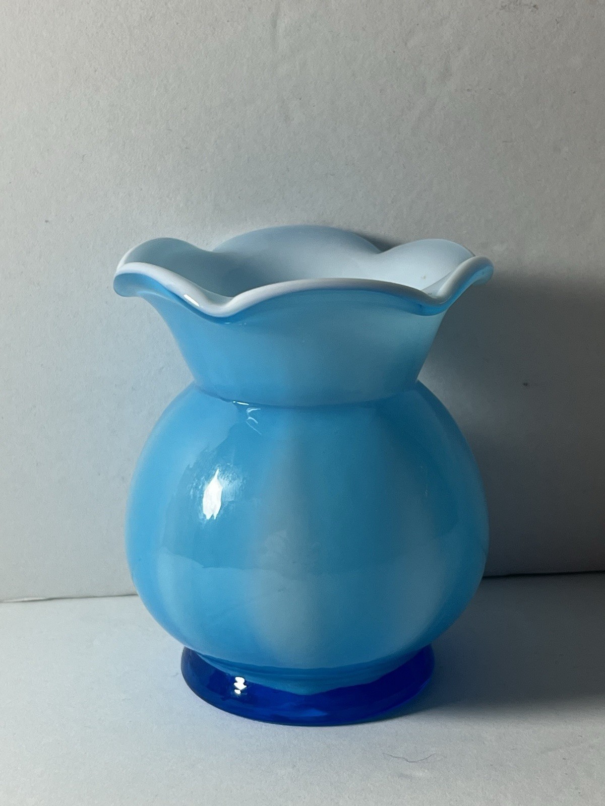 Blue Cased Glass Bud Vase with A Scalloped Edge