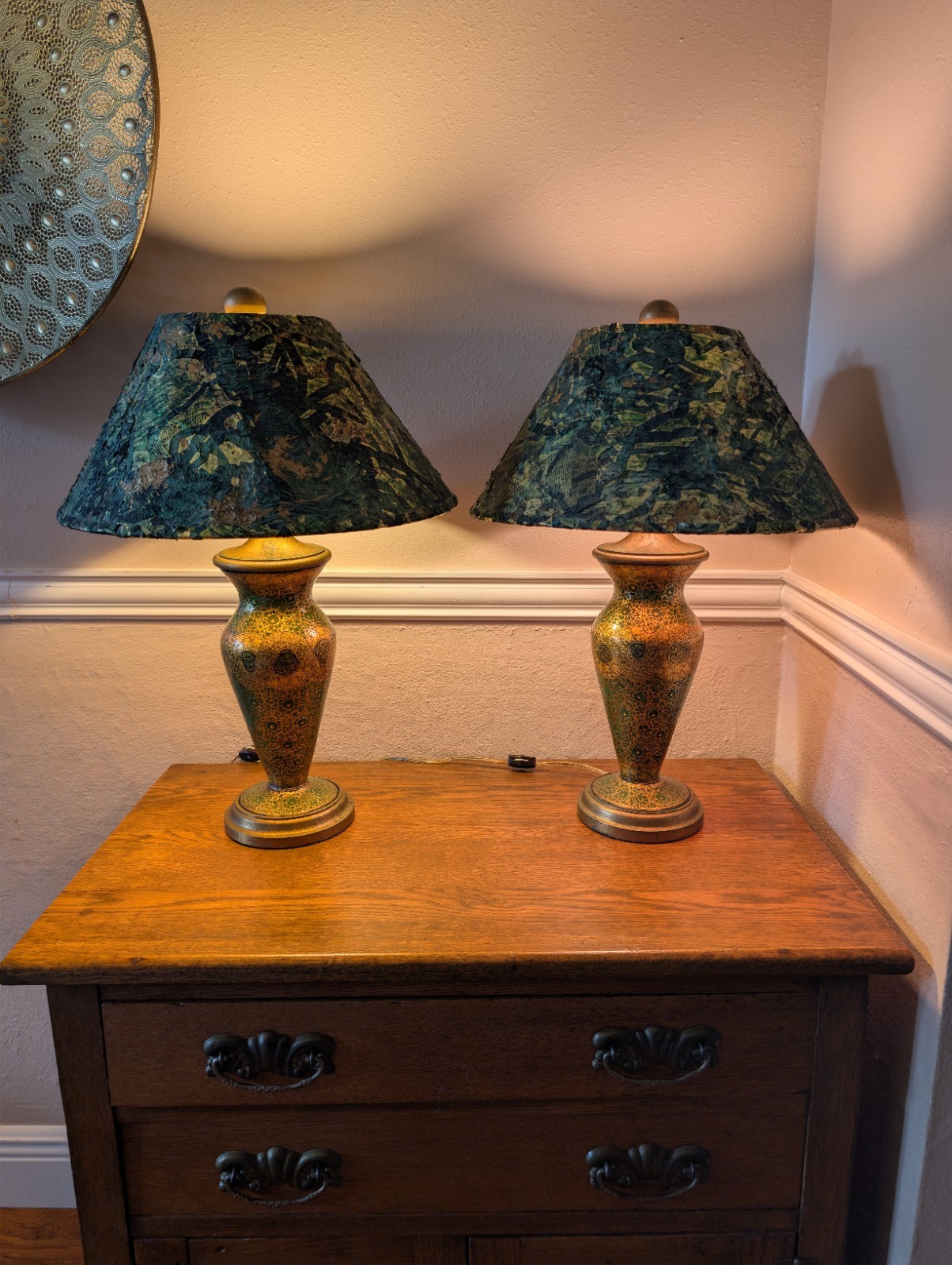 Rare Vintage Pair of Kashmiri Papier Mache Table Lamps w Original Collage Shades