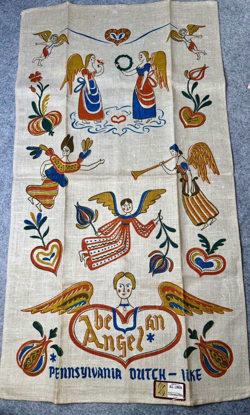 Vintage 1969 Pennsylvania Dutch folk art linen tea towel. Angel Vintage 1969 Pennsylvania Dutch folk art linen tea towel. Angel