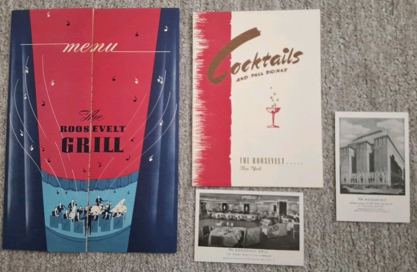 1950 THE ROOSEVELT GRILL & COCKTAIL MENU, COMES WITH 2 POSTCARDS  EXCELLENT COND