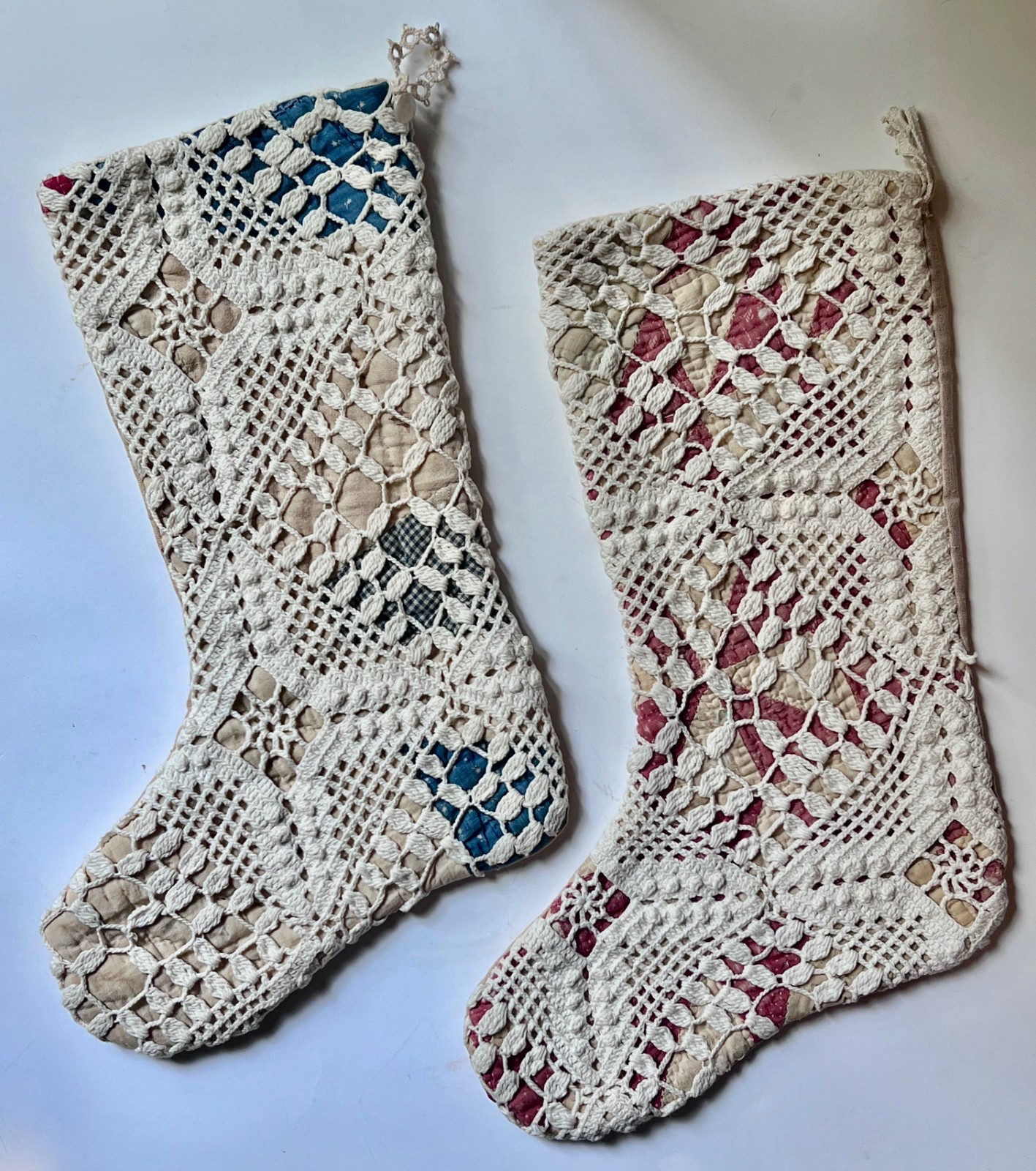 Shabby & Vintage Chic Crochet, Tatted Lace Pink Blue Quilted Christmas Stockings Shabby & Vintage Chic Crochet, Tatted Lace Pink Blue Quilted Christmas Stockings