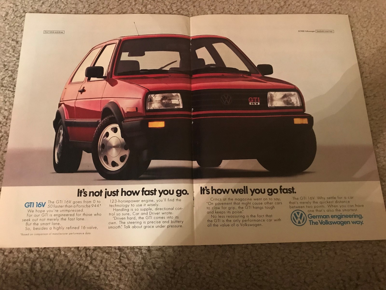 Vintage 1988 VOLKSWAGEN VW GTI 16V Print Ad RARE Vintage 1988 VOLKSWAGEN VW GTI 16V Print Ad RARE