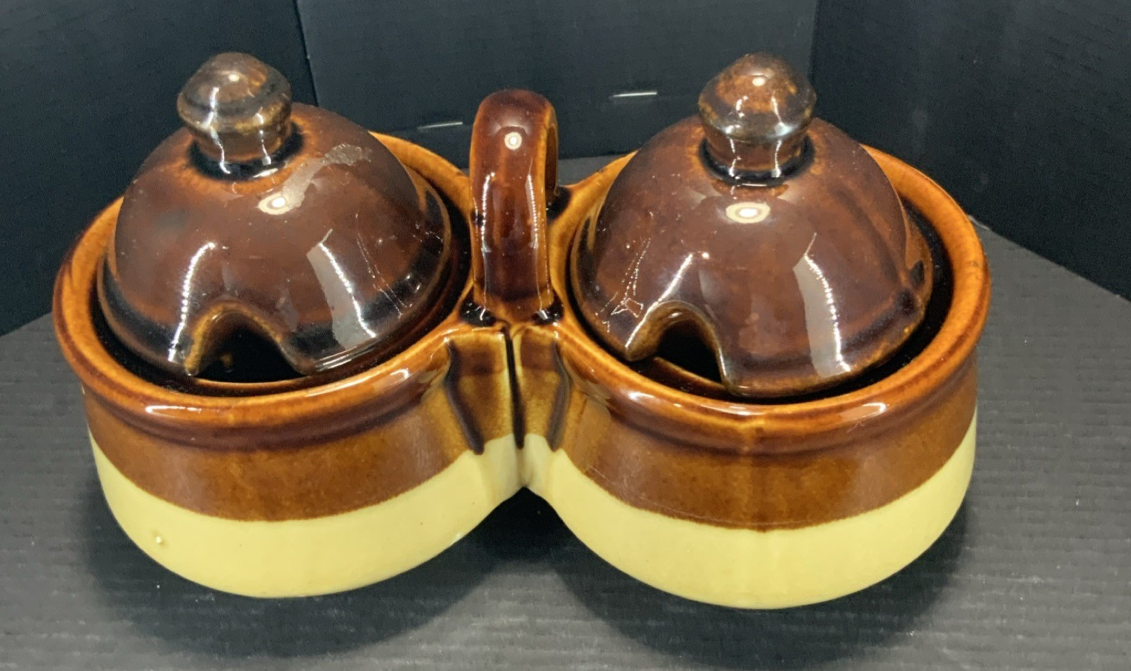 Brown & Beige Glazed Ceramic Double Condiment Server with Lids.