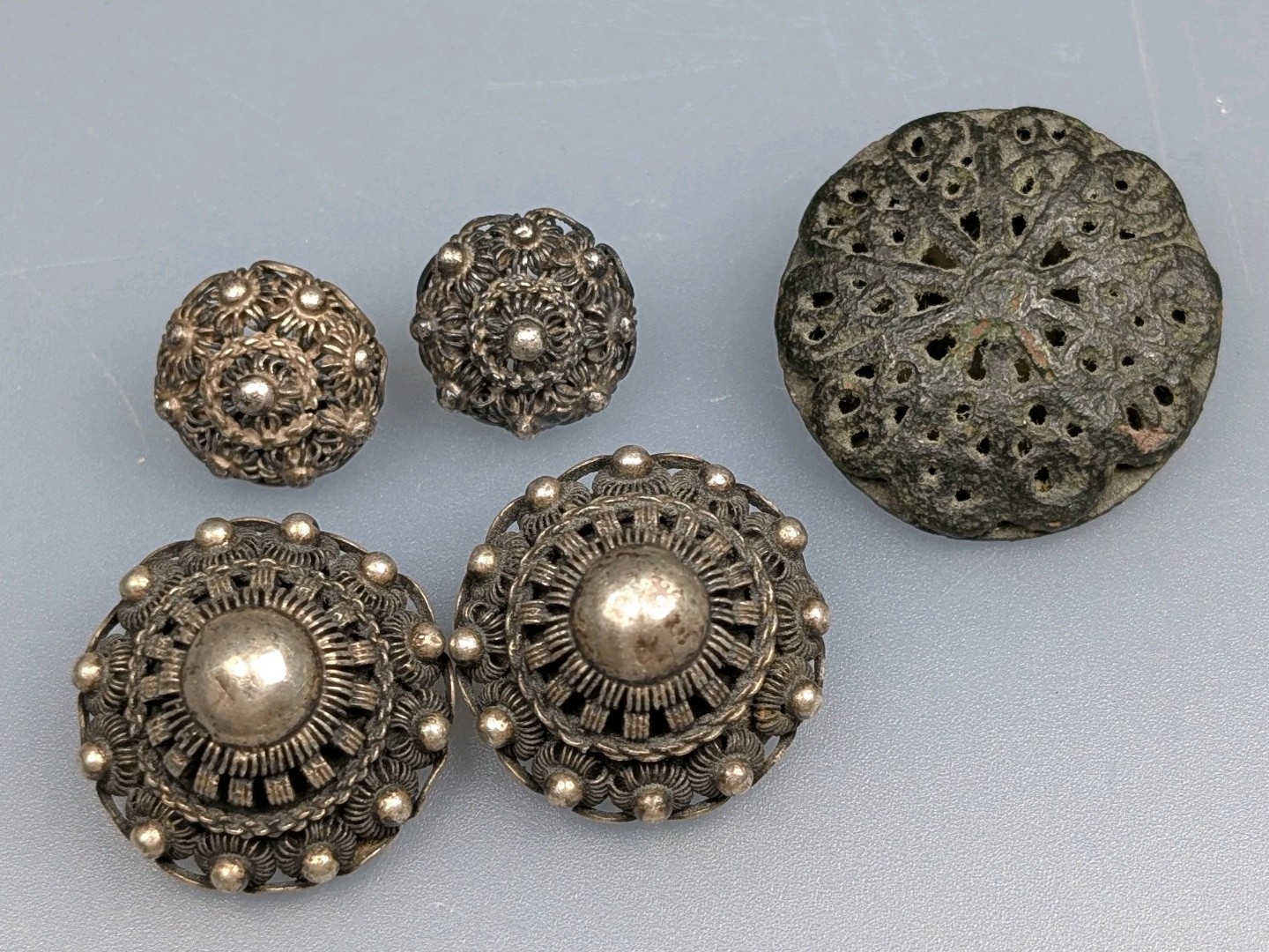 Antique 19th Century Buttons 2 Pairs Silver & One Bronze Dutch Filigree