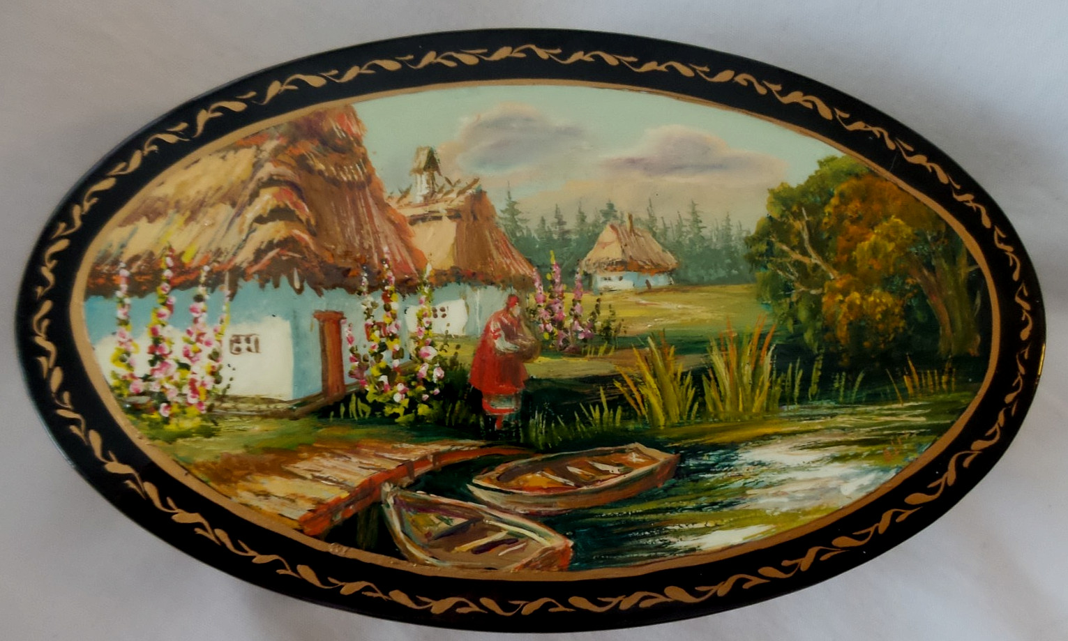 Vintage Russian Hand Painted Lacquer Box Village water Scene Signed 7”x3.5” NIB
