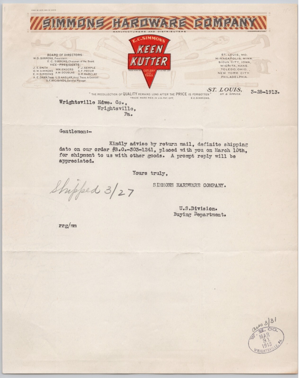 1913 Keen Kutter Tool Simmons Hardware Co St Louis Color Letterhead BH3-83