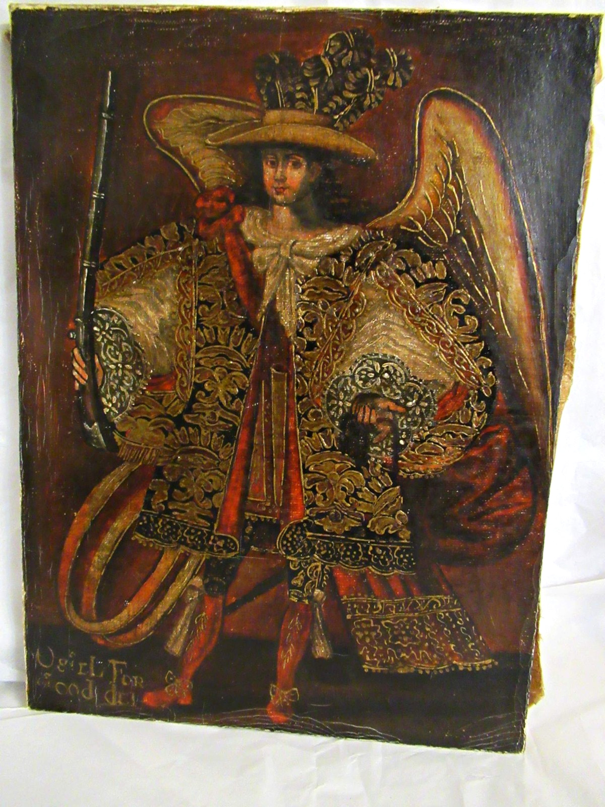 VTG CUZCO PERU RELIGIOUS OIL on CANVAS PAINTING ANGEL ARCABUCERO 15.5
